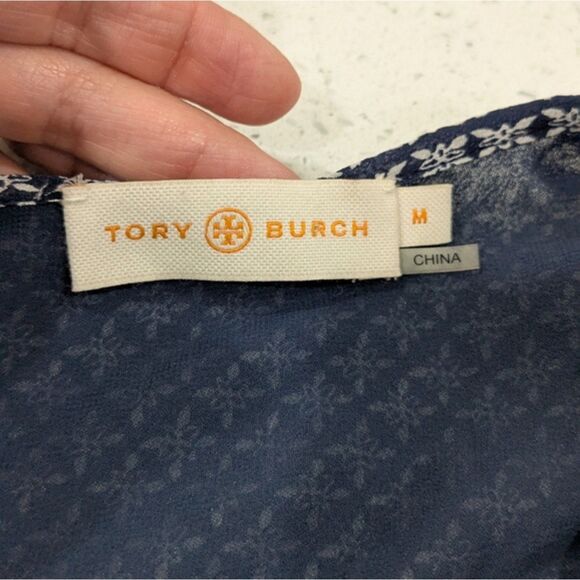 Tory Burch Silk Gauze Jumpsuit Scoop Neck Sleeveless Navy Geo Print Tassels M - Picture 11 of 13